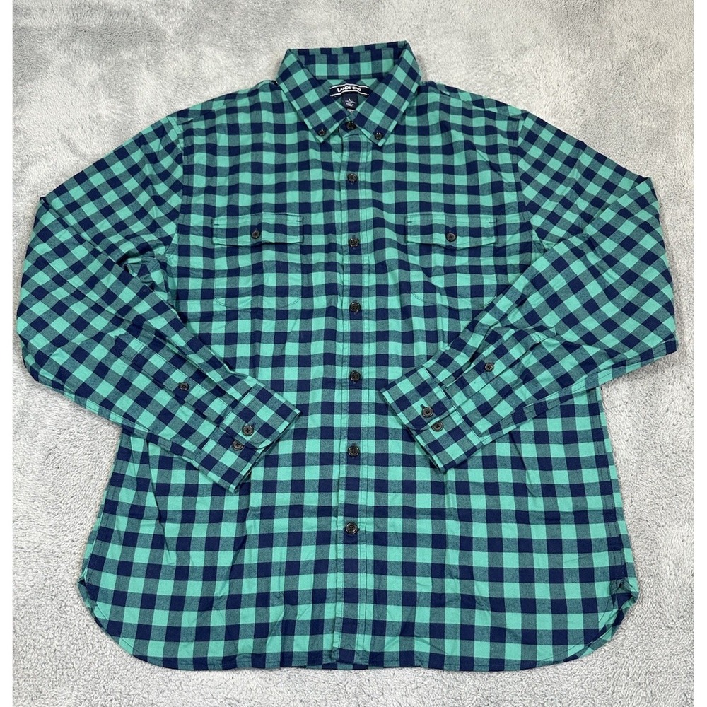 Lands End Shirt Mens Large 16-16.5 Blue Green Plaid Check Flannel Tailored Fit